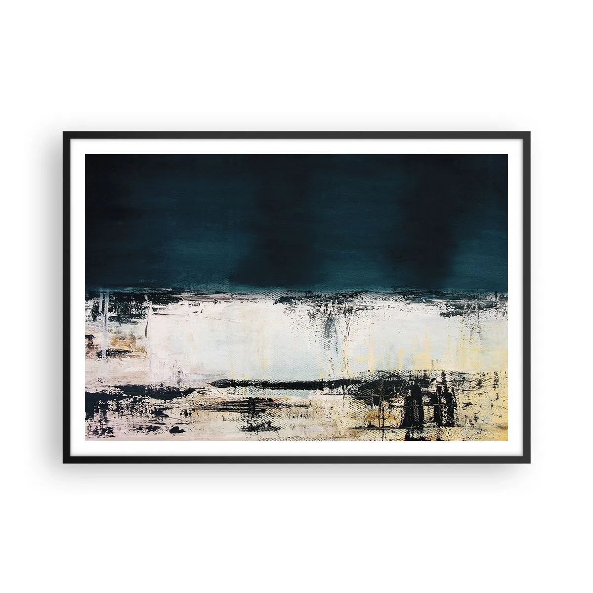 Póster en marco negro - Composición horizontal abstracta en tonos azul marino y blanco. - 100x70cm - Composición horizontal - Decoración de pared moderna para salón y dormitorio ARTTOR