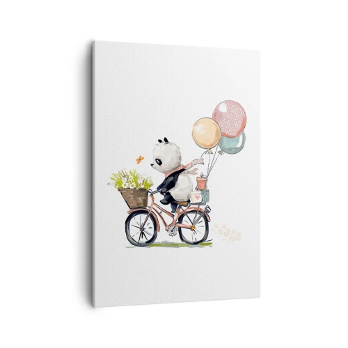 Cuadro sobre lienzo - Impresión de Imagen - Panda en bicicleta con globos y flores. - 50x70cm - Un día feliz - Decoración de pared moderna para salón y dormitorio ARTTOR