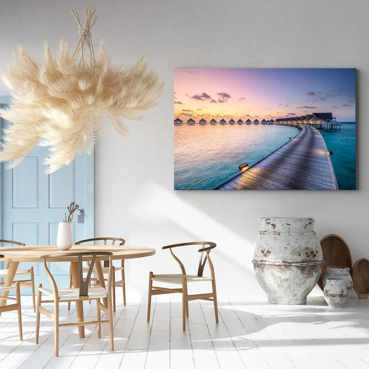 Cuadro sobre lienzo - Impresión de Imagen - El muelle que conduce a las cabañas frente al mar al atardecer. - 120x80cm - Vacaciones - volver al origen - Decoración de pared moderna para salón y dormitorio ARTTOR