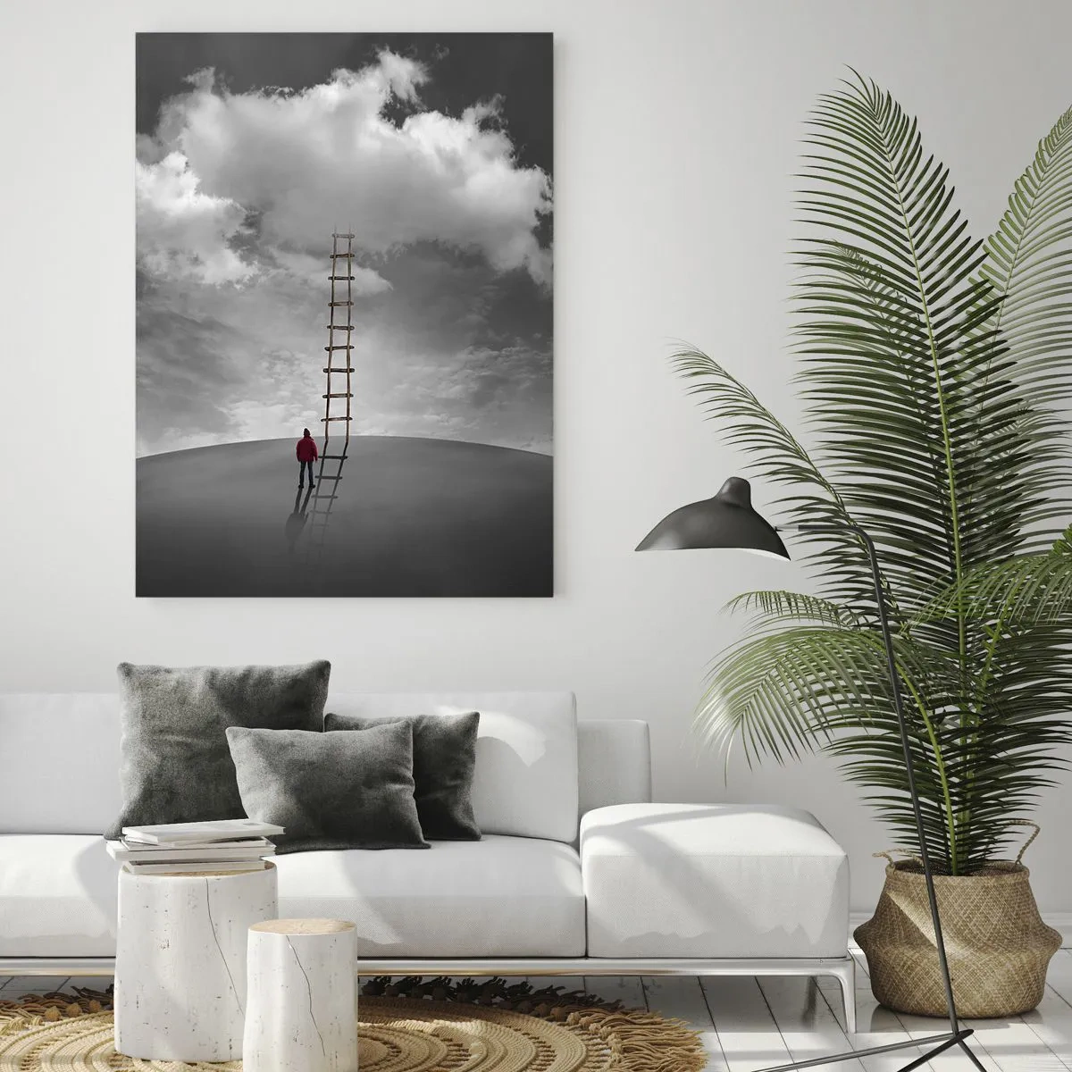 Cuadro sobre vidrio - Impresiones sobre Vidrio - Una persona mira una escalera que conduce a una nube. - 50x70cm - Todo es posible - Decoración de pared moderna para salón y dormitorio ARTTOR
