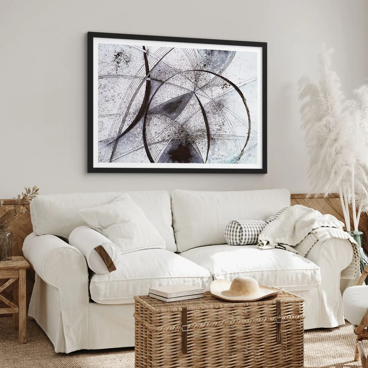 Póster en marco negro - Líneas y formas abstractas en tonos de gris y negro. - 70x50cm - Fantasía futurista - Decoración de pared moderna para salón y dormitorio ARTTOR