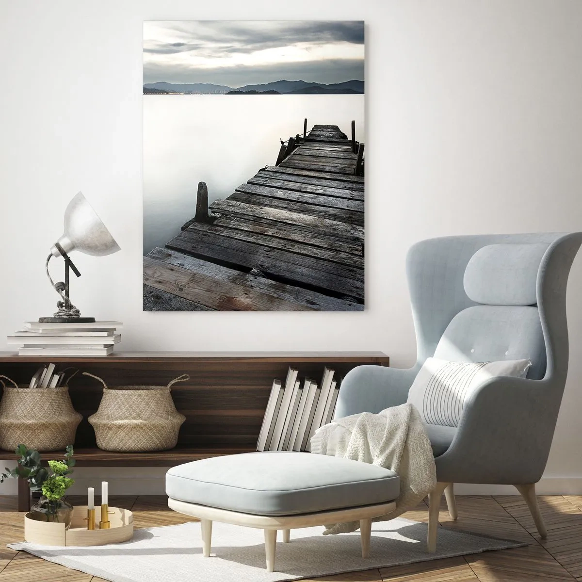 Cuadro sobre vidrio - Impresiones sobre Vidrio - Un embarcadero de madera con el telón de fondo de un lago tranquilo al atardecer. - 50x70cm - Sumérjase en la paz - Decoración de pared moderna para salón y dormitorio ARTTOR