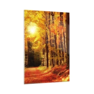 Cuadro sobre vidrio - Impresiones sobre Vidrio - Bosque otoñal con rayos de sol brillando a través de los árboles. - 80x120cm - Un otoño dorado en una carretera forestal - Decoración de pared moderna para salón y dormitorio ARTTOR