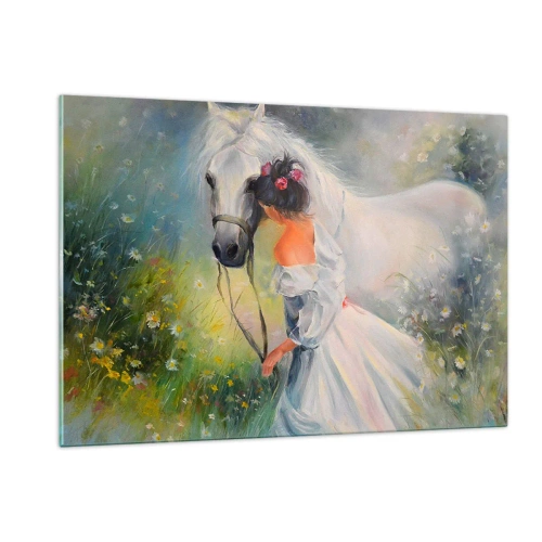 Cuadro sobre vidrio - Impresiones sobre Vidrio - Una mujer con un vestido blanco con un caballo blanco en un prado lleno de flores. - 120x80cm - Como si de un hermoso sueño se tratara - Decoración de pared moderna para salón y dormitorio ARTTOR