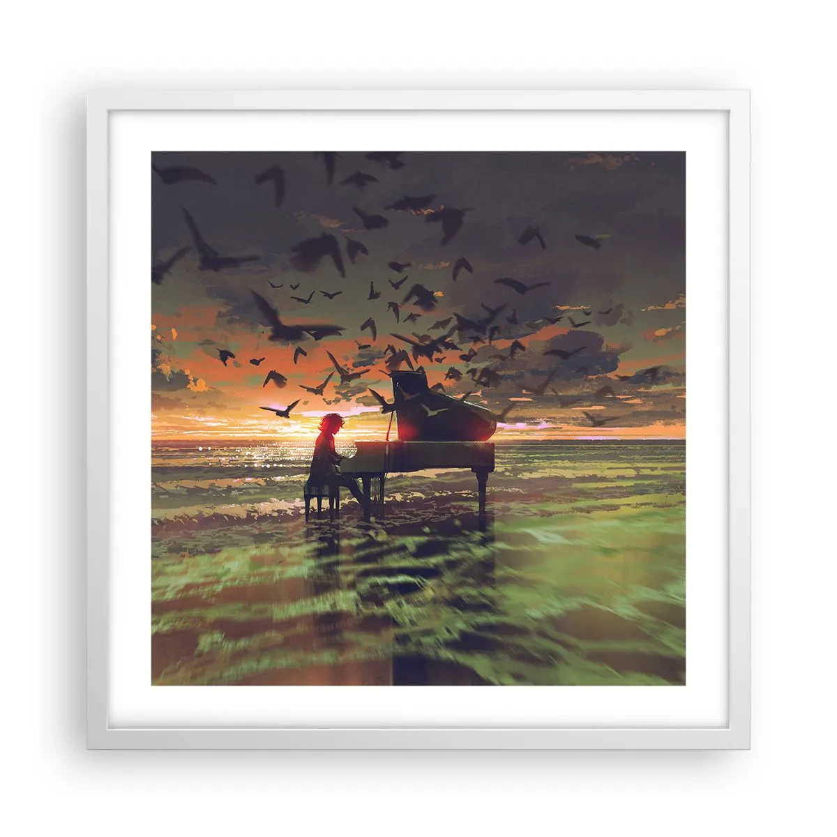 Póster en marco blanco - Concierto de piano y olas - 50x50 cm