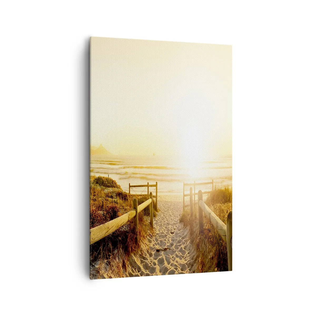 Cuadro sobre lienzo - Impresión de Imagen - Camino a la playa durante un atardecer dorado - 80x120cm - A través de la duna, hacia el sol - Decoración de pared moderna para salón y dormitorio ARTTOR