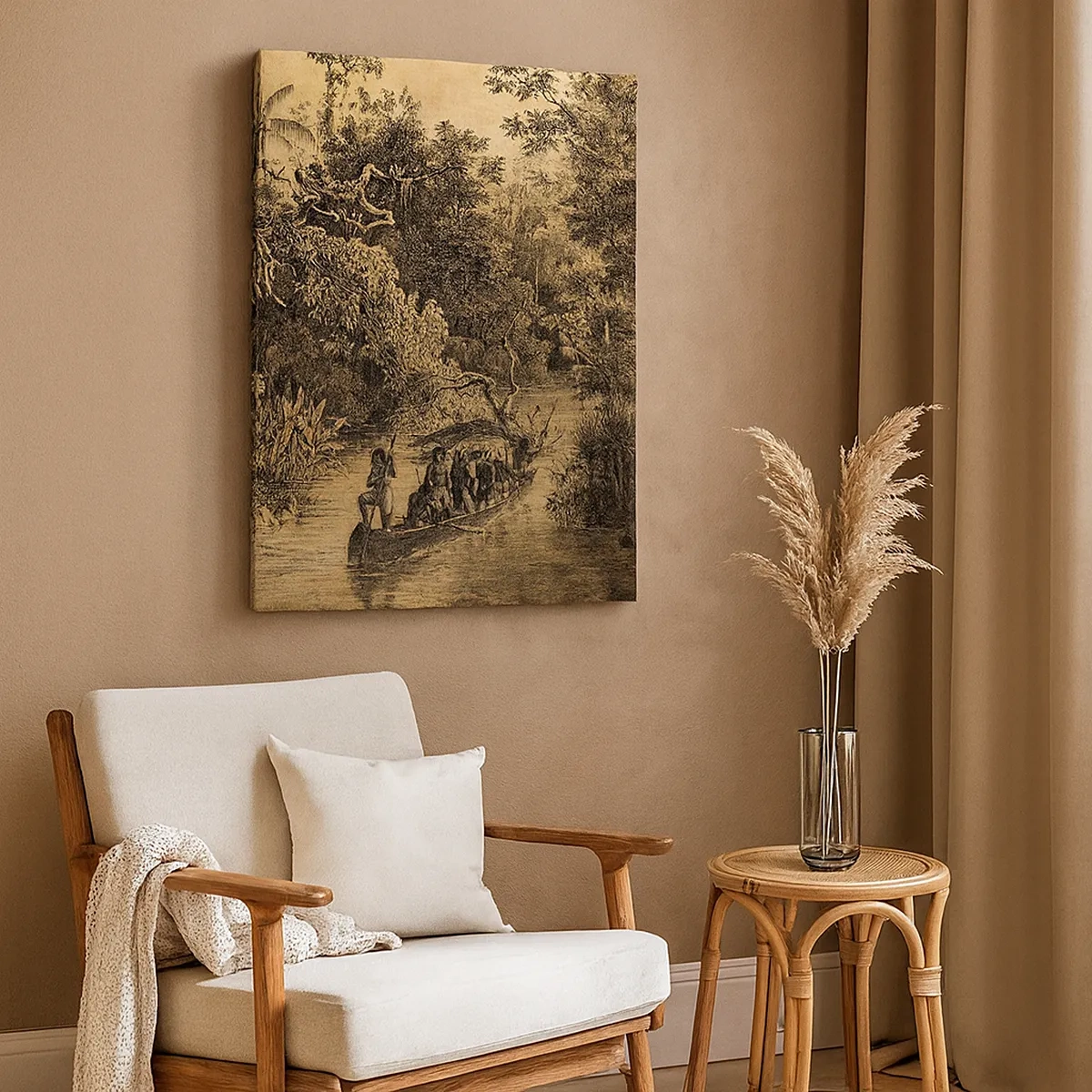 Cuadro sobre lienzo - Impresión de Imagen - Dibujo de una jungla con un barco en un río. - 50x70cm - Expedición a la fuente - Decoración de pared moderna para salón y dormitorio ARTTOR