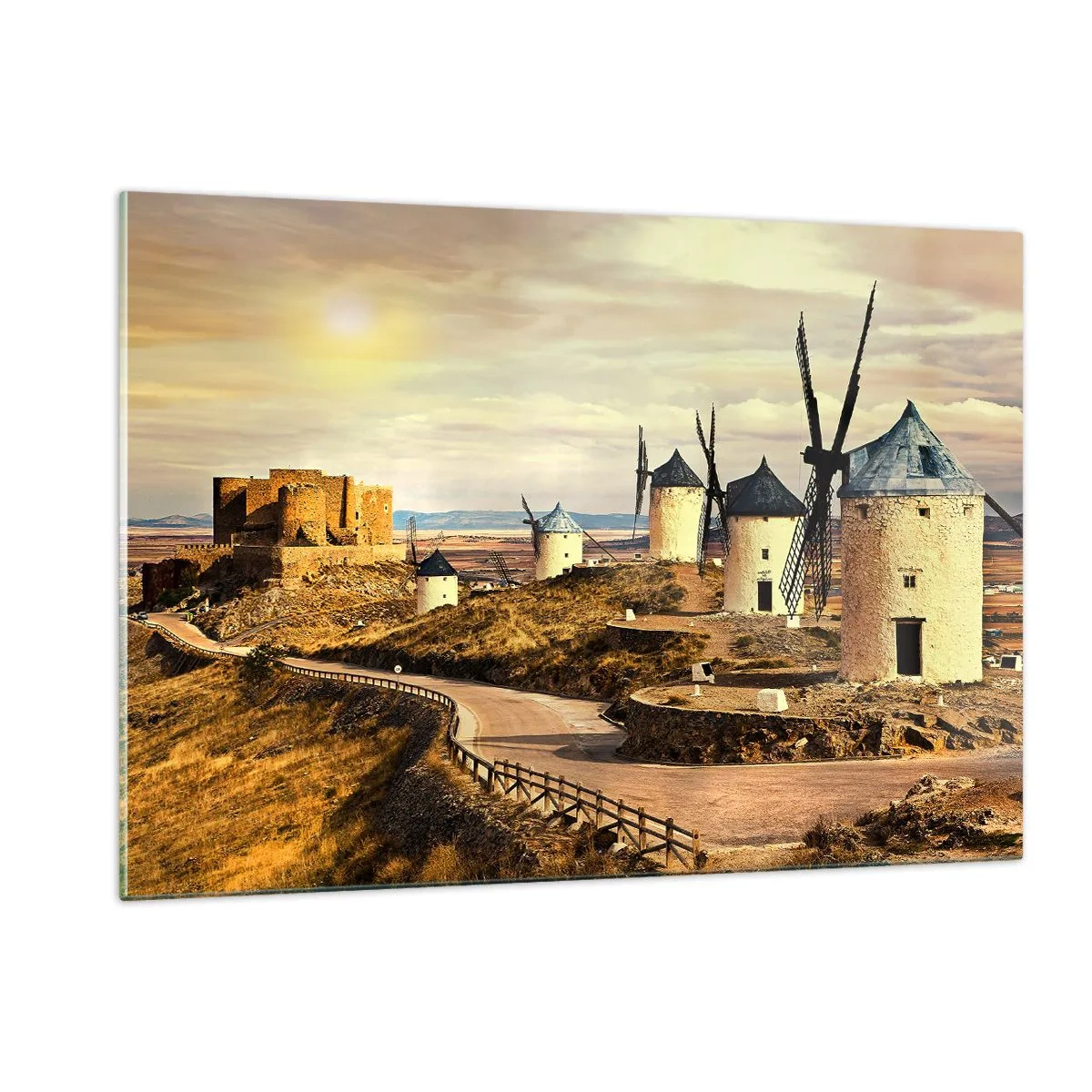 Cuadro sobre vidrio - Impresiones sobre Vidrio - Molinos de viento y un castillo en el paisaje al atardecer. - 120x80cm - Don Quijote los vio - Decoración de pared moderna para salón y dormitorio ARTTOR
