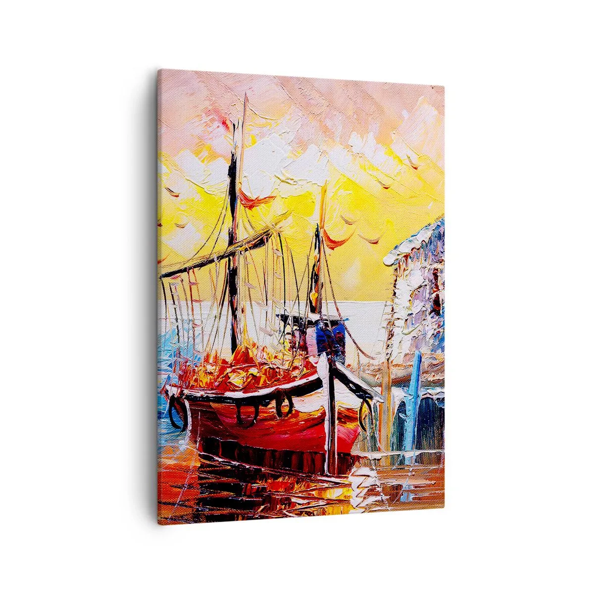 Cuadro sobre lienzo - Impresión de Imagen - Puerto pintoresco al atardecer con barcos de pesca - 50x70cm - Feliz regreso - Decoración de pared moderna para salón y dormitorio ARTTOR