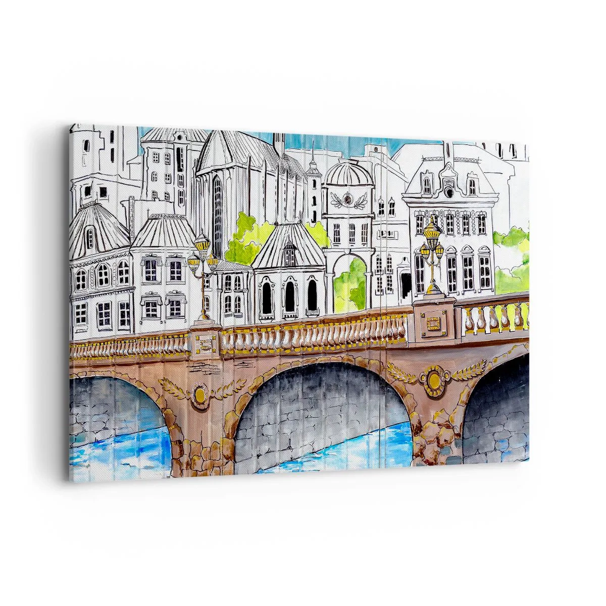 Cuadro sobre lienzo - Impresión de Imagen - Dibujo del puente y arquitectura urbana histórica - 120x80cm - Una ciudad de dibujo - Decoración de pared moderna para salón y dormitorio ARTTOR