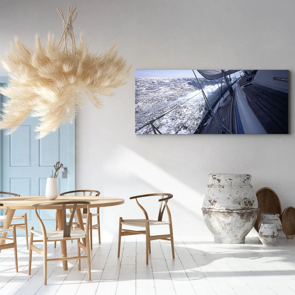 Cuadro sobre lienzo - Impresión de Imagen - Un velero en un mar tempestuoso con velas blancas y una cubierta de madera. - 140x50cm - Sé lo que es ser un pájaro - Decoración de pared moderna para salón y dormitorio ARTTOR