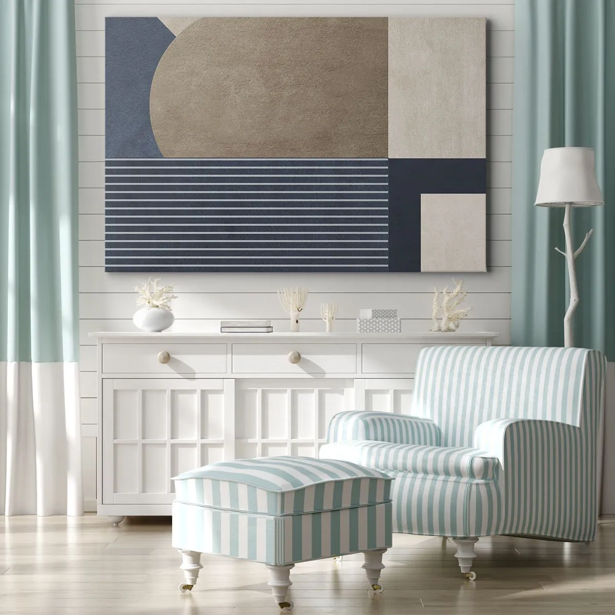Cuadro sobre lienzo - Impresión de Imagen - Figuras geométricas en tonos beige y azul marino con líneas. - 70x50cm - Composición de sencillez y redondez - Decoración de pared moderna para salón y dormitorio ARTTOR