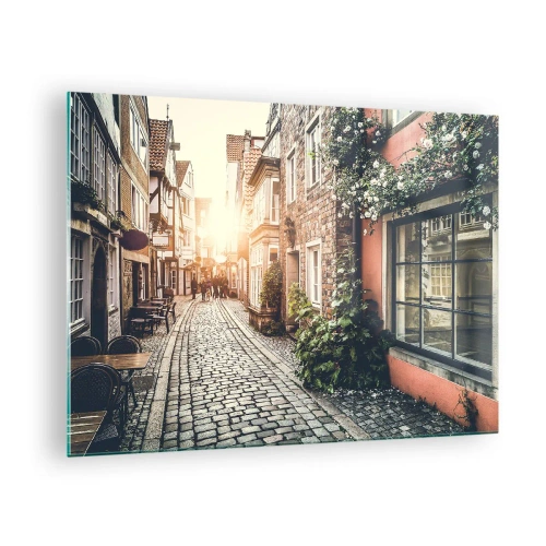 Cuadro sobre vidrio - Impresiones sobre Vidrio - Una encantadora calle con casas de vecindad iluminadas por la puesta de sol. - 70x50cm - El callejón de las rosas - Decoración de pared moderna para salón y dormitorio ARTTOR