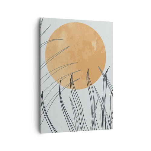 Cuadro sobre lienzo - Impresión de Imagen - Hojas de hierba abstractas contra el fondo de un gran sol naranja - 50x70cm - Siempre hacia el sol - Decoración de pared moderna para salón y dormitorio ARTTOR