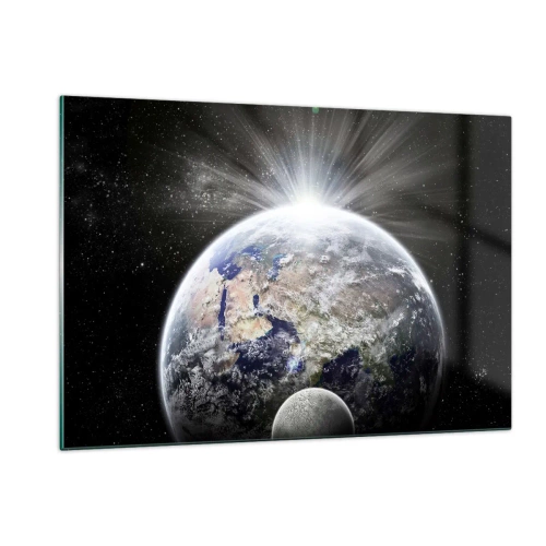 Cuadro sobre vidrio - Impresiones sobre Vidrio - La Tierra y la Luna en un paisaje espacial - 120x80cm - En todo su esplendor - Decoración de pared moderna para salón y dormitorio ARTTOR