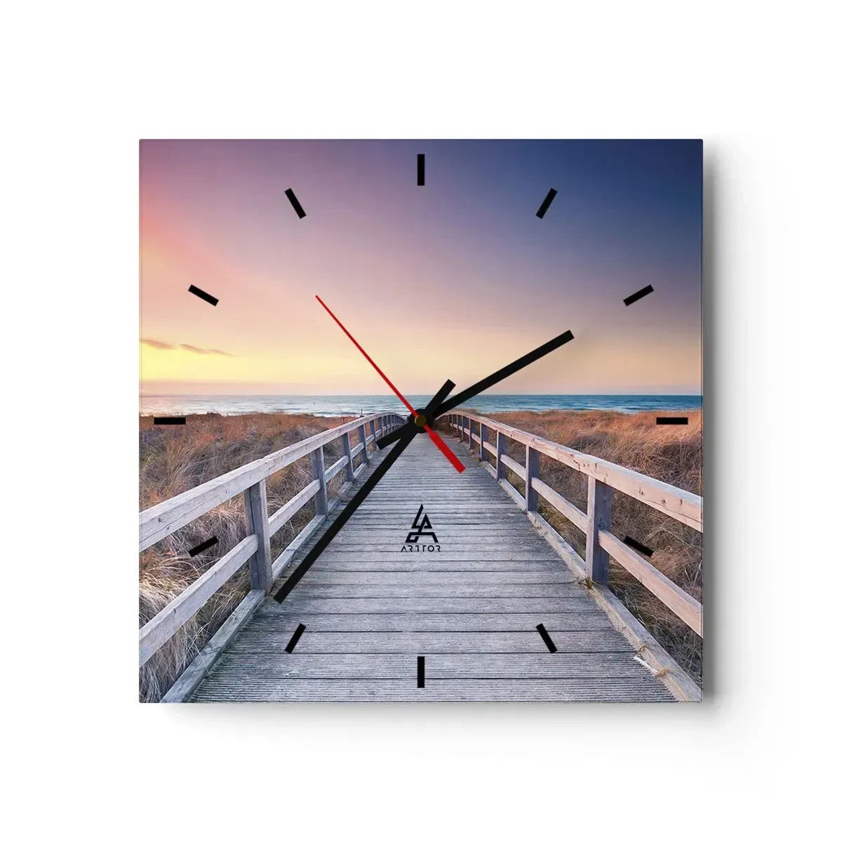 Reloj de pared - Reloj de vidrio - Un embarcadero de madera que conduce a la playa al atardecer con el cielo pintado en colores pastel. - 30x30cm - Aurora vespertina del Báltico - Decoración de pared moderna para salón y dormitorio ARTTOR