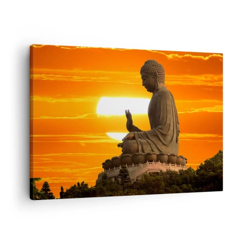 Cuadro sobre lienzo - Impresión de Imagen - Una estatua budista con el telón de fondo de una puesta de sol naranja. - 70x50cm - Sin miedo al mundo - Decoración de pared moderna para salón y dormitorio ARTTOR