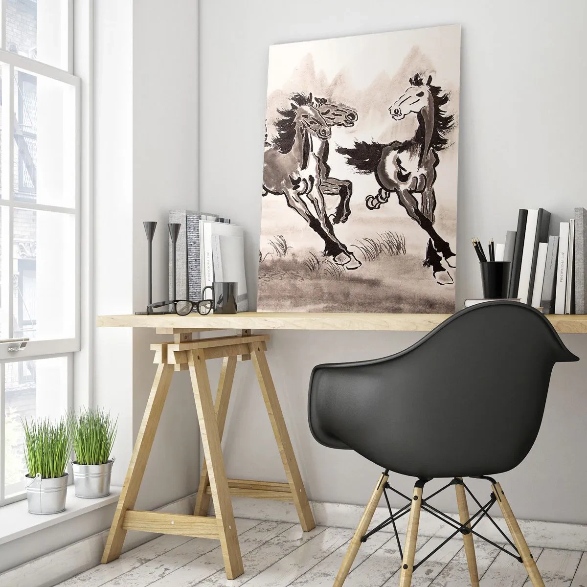 Cuadro sobre vidrio - Impresiones sobre Vidrio - Un grupo de caballos al galope al estilo chino. - 50x70cm - Al galope alegre - Decoración de pared moderna para salón y dormitorio ARTTOR