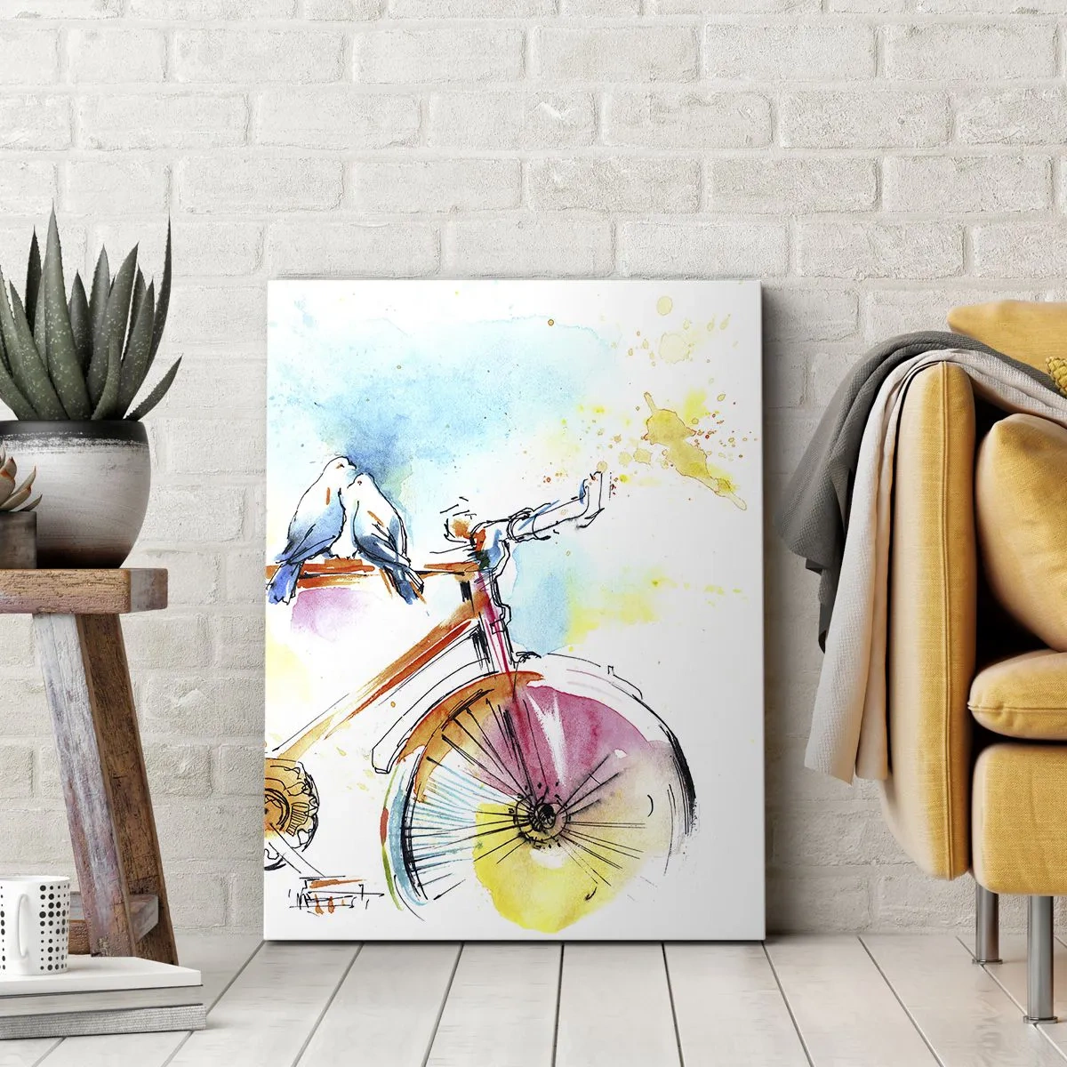 Cuadro sobre lienzo - Impresión de Imagen - Pintura de acuarela colorida de una bicicleta con pájaros sentados en ella. - 50x70cm - Dos en bicicleta - Decoración de pared moderna para salón y dormitorio ARTTOR