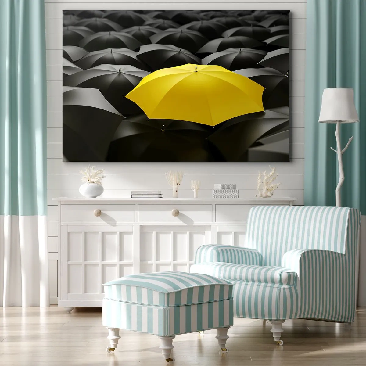 Cuadro sobre lienzo - Impresión de Imagen - Un paraguas amarillo entre paraguas negros. - 70x50cm - Adiós a la tristeza - Decoración de pared moderna para salón y dormitorio ARTTOR