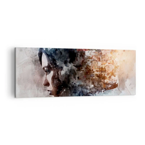 Cuadro sobre lienzo - Impresión de Imagen - Retrato de una mujer que combina su rostro con un paisaje urbano de fondo. - 140x50cm - Una historia sobre una niña con una ciudad de fondo - Decoración de pared moderna para salón y dormitorio ARTTOR
