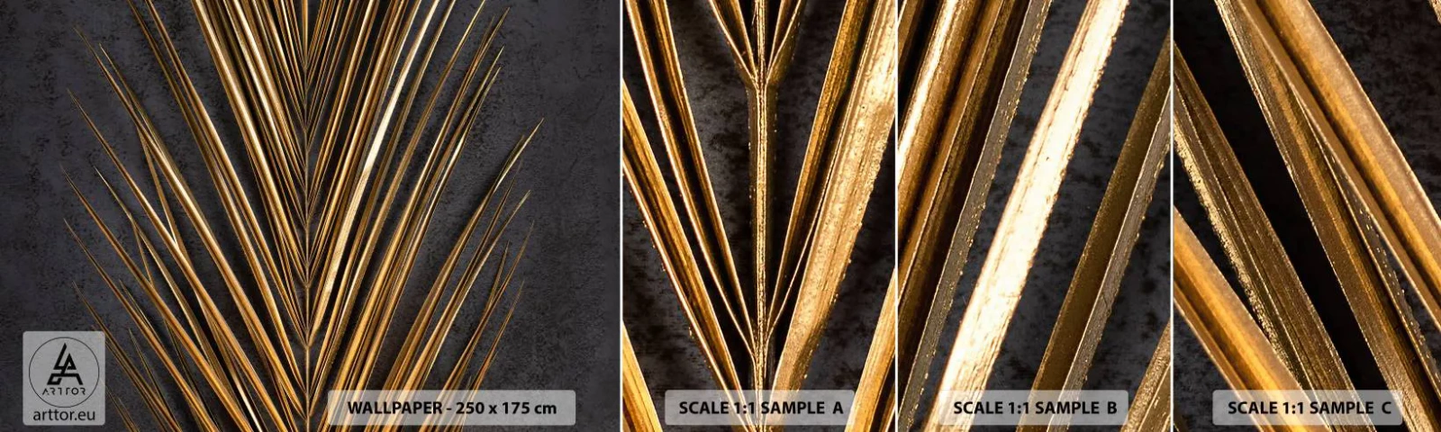 Muestra De Fotomural Standard Eco - El oro de los trópicos - Hoja de palma, Pedazo, Abstracción - 100x30 cm