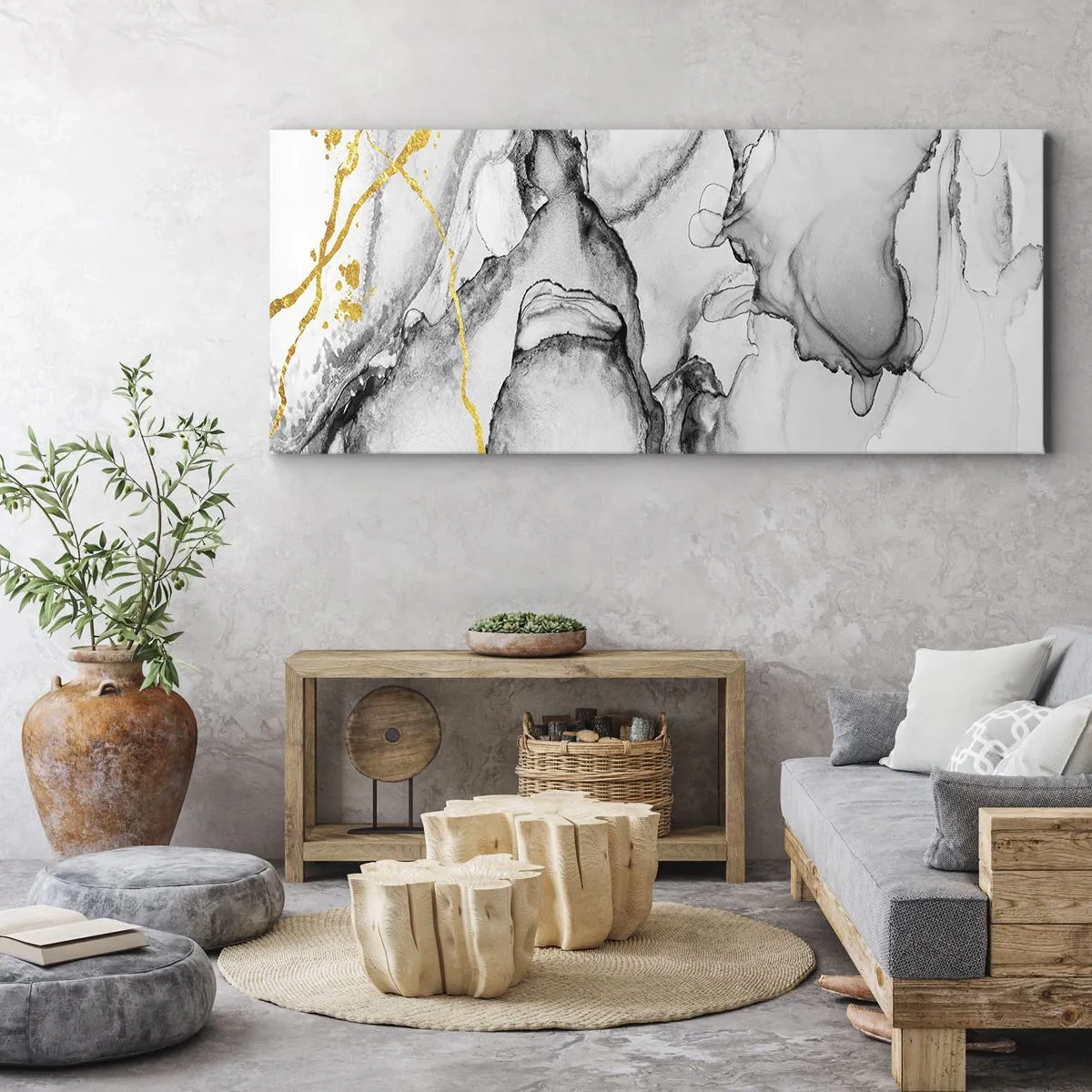 Cuadro sobre lienzo - Impresión de Imagen - Patrones abstractos en blanco y negro con acentos dorados - 160x50cm - Composición con motivo de oro - Decoración de pared moderna para salón y dormitorio ARTTOR