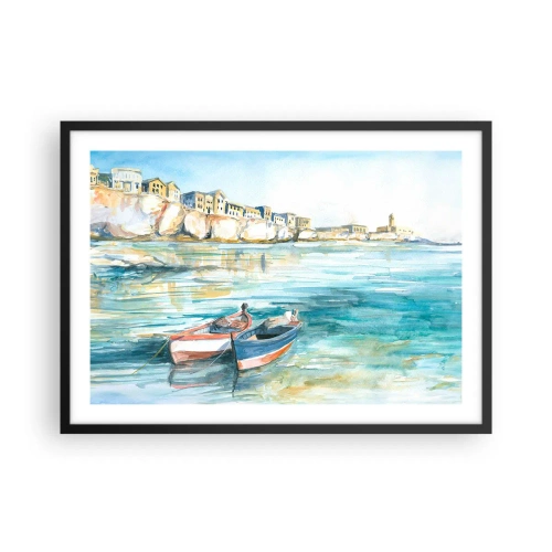 Póster en marco negro - Un pintoresco paisaje costero con barcos en el agua. - 70x50cm - Paisaje en azul - Decoración de pared moderna para salón y dormitorio ARTTOR