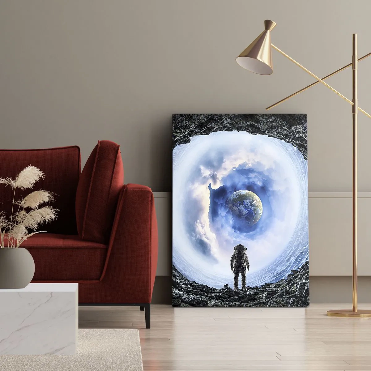 Cuadro sobre lienzo - Impresión de Imagen - Astronauta frente a un paisaje espacial con la Tierra al fondo - 70x100cm - No muy lejos de casa - Decoración de pared moderna para salón y dormitorio ARTTOR