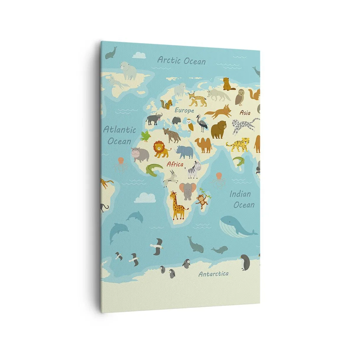 Cuadro sobre lienzo - Impresión de Imagen - Mapa del mundo con ilustraciones de animales - 80x120cm - Buenos vecinos - Decoración de pared moderna para salón y dormitorio ARTTOR