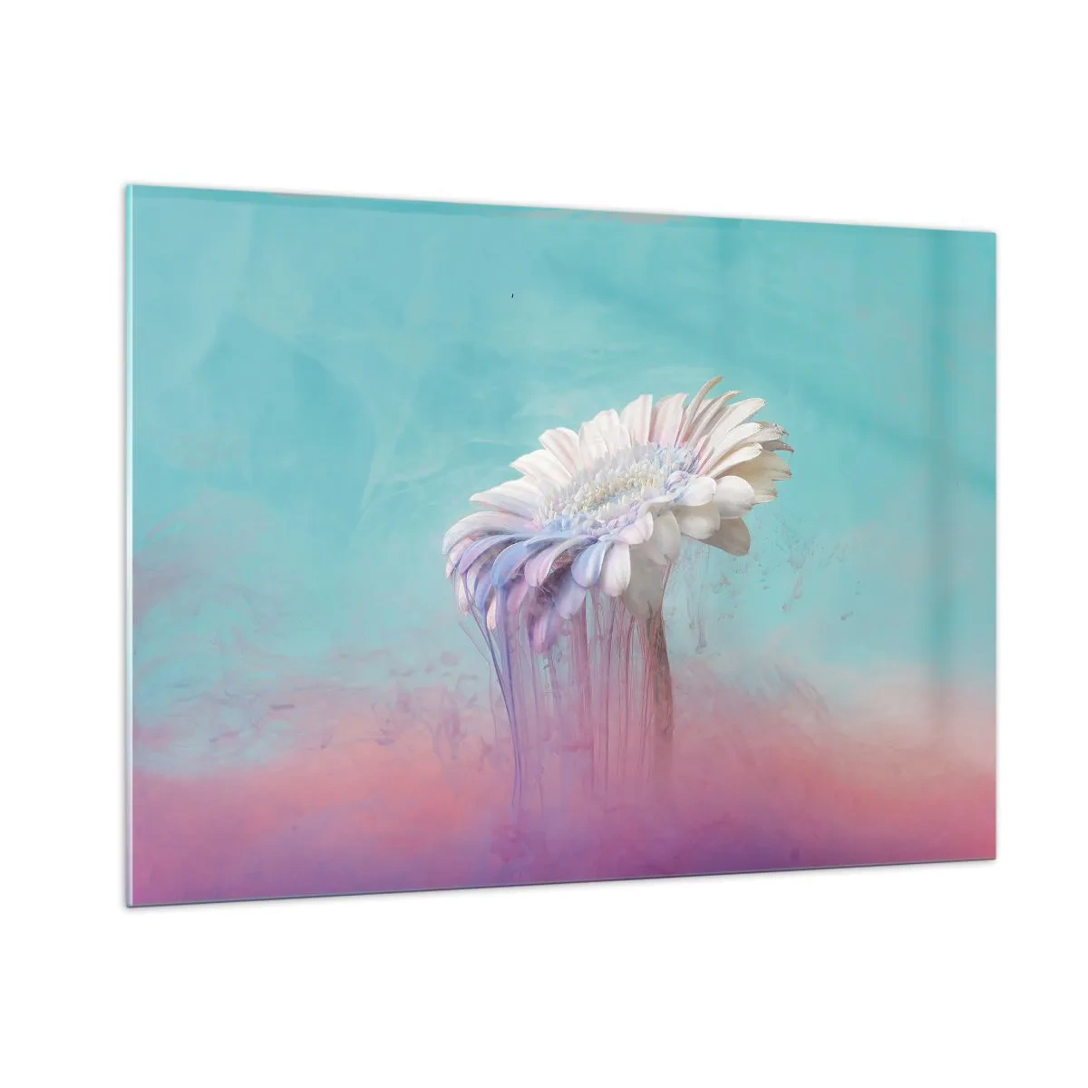 Cuadro sobre vidrio - Impresiones sobre Vidrio - Una delicada flor inmersa en tonos pastel de azul y rosa. - 100x70cm - El inframundo de las flores - Decoración de pared moderna para salón y dormitorio ARTTOR
