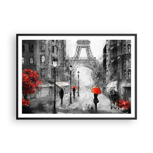 Póster en marco negro - Una calle con vistas a la Torre Eiffel y sombrillas rojas. - 100x70cm - Todos los caminos conducen a ella - Decoración de pared moderna para salón y dormitorio ARTTOR