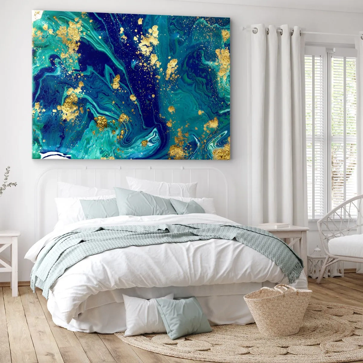Cuadro sobre lienzo - Impresión de Imagen - Una composición abstracta con acentos azules, verdes y dorados. - 100x70cm - Pétalos de sol  - Decoración de pared moderna para salón y dormitorio ARTTOR