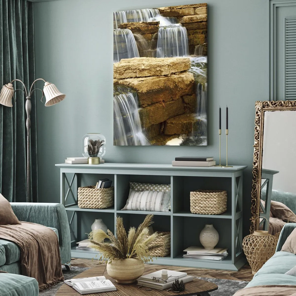 Cuadro sobre lienzo - Impresión de Imagen - Una cascada que fluye por escalones de piedra. - 80x120cm - Escalera al cielo - Decoración de pared moderna para salón y dormitorio ARTTOR