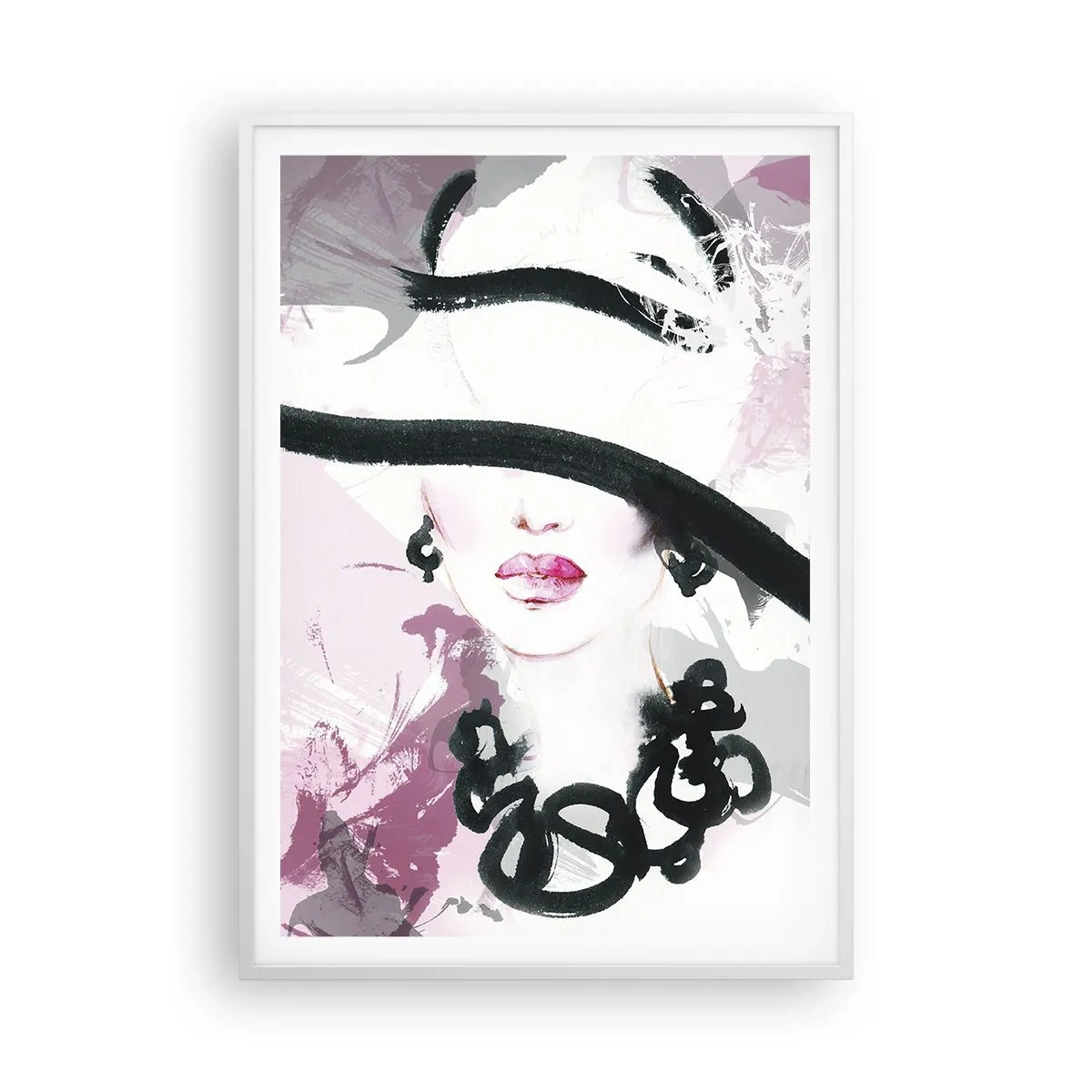 Póster en marco blanco - Retrato de una dama en negro y rosa - 70x100 cm