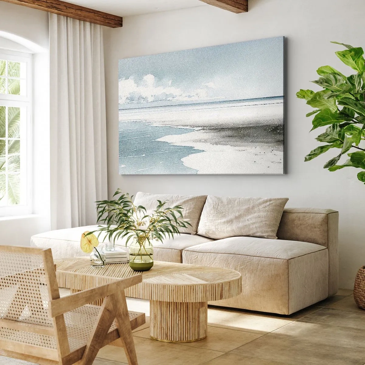 Cuadro sobre lienzo - Impresión de Imagen - Un mar tranquilo y una playa en tonos claros de azul. - 100x70cm - Suave marea otoñal - Decoración de pared moderna para salón y dormitorio ARTTOR