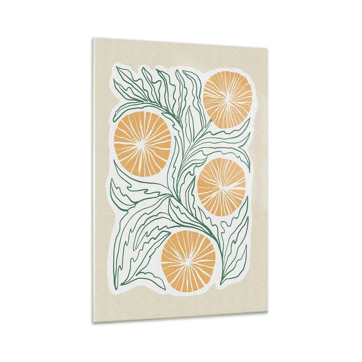 Cuadro sobre vidrio - Impresiones sobre Vidrio - Un motivo naranja minimalista con hojas verdes. - 80x120cm - Étnico con un toque de abstracción - Decoración de pared moderna para salón y dormitorio ARTTOR