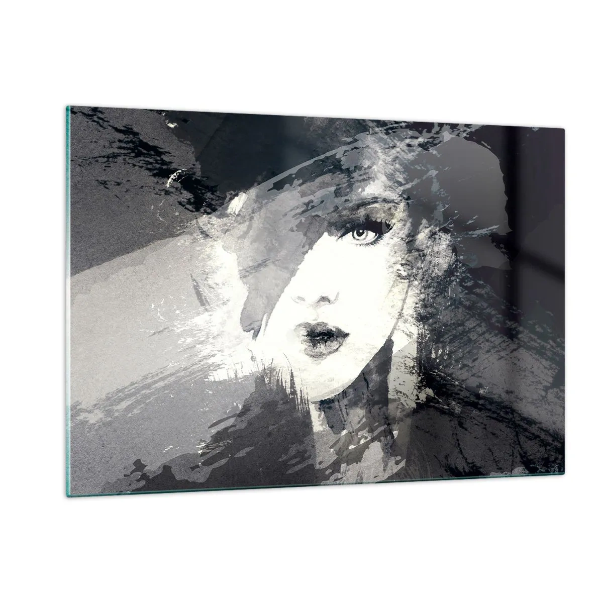 Cuadro sobre vidrio - Impresiones sobre Vidrio - El rostro de una mujer está parcialmente cubierto de manchas grises abstractas. - 120x80cm - Tras un velo gris - Decoración de pared moderna para salón y dormitorio ARTTOR