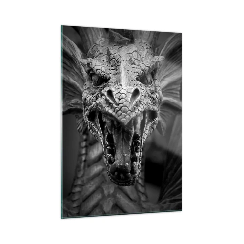 Cuadro sobre vidrio - Impresiones sobre Vidrio - Retrato detallado de un dragón en blanco y negro. - 50x70cm - Dragón de cuento de hadas en gris - Decoración de pared moderna para salón y dormitorio ARTTOR