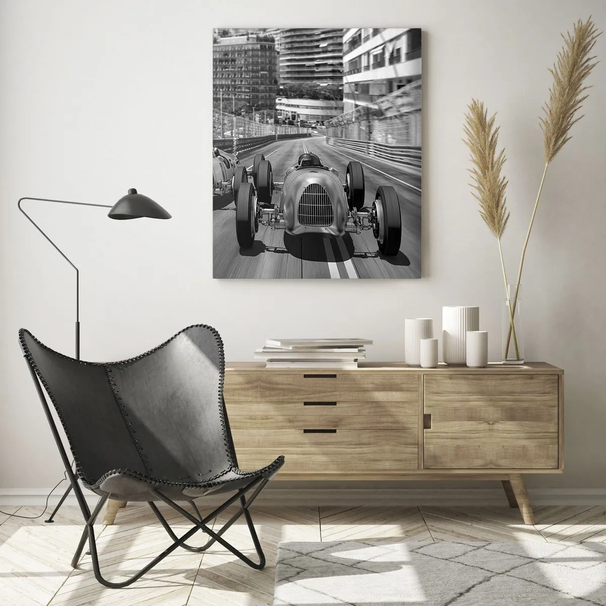Cuadro sobre vidrio - Impresiones sobre Vidrio - Escena de carrera de coches retro monocromática - 70x100cm - Érase una vez en Montecarlo - Decoración de pared moderna para salón y dormitorio ARTTOR