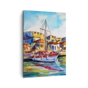 Cuadro sobre lienzo - Impresión de Imagen - Un puerto pintoresco con un barco y edificios coloridos. - 50x70cm - Tarde de arco iris - Decoración de pared moderna para salón y dormitorio ARTTOR