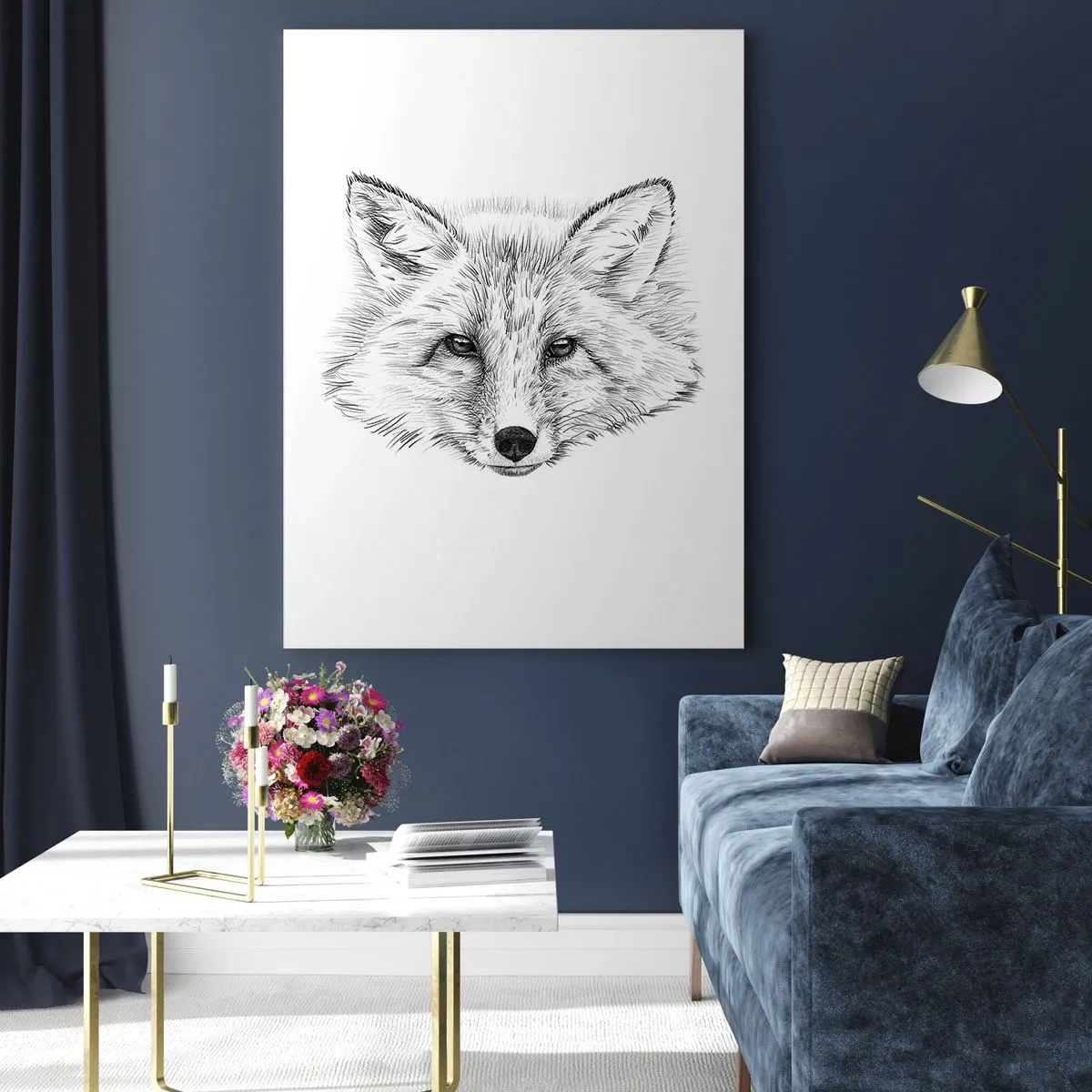 Cuadro sobre vidrio - Impresiones sobre Vidrio - Dibujo en blanco y negro de una cabeza de zorro sobre un fondo blanco. - 70x100cm - ¿Pueden mentir estos ojos? - Decoración de pared moderna para salón y dormitorio ARTTOR