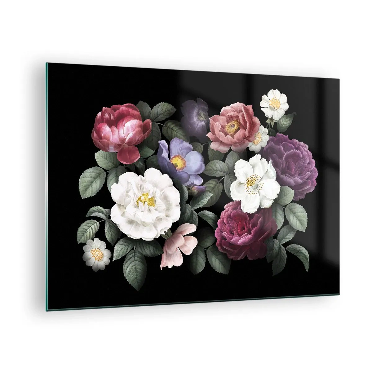Cuadro sobre vidrio - Impresiones sobre Vidrio - Composición floral con peonías sobre fondo negro. - 70x50cm - De un jardín inglés - Decoración de pared moderna para salón y dormitorio ARTTOR