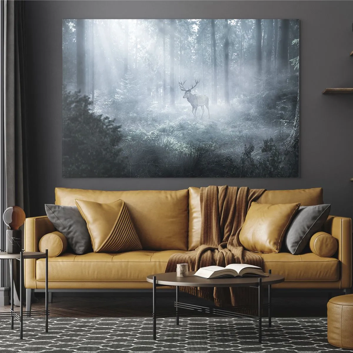 Cuadro sobre vidrio - Impresiones sobre Vidrio - Un ciervo en un bosque brumoso iluminado por los rayos del sol de la mañana. - 120x80cm - Ronda matutina por la finca - Decoración de pared moderna para salón y dormitorio ARTTOR