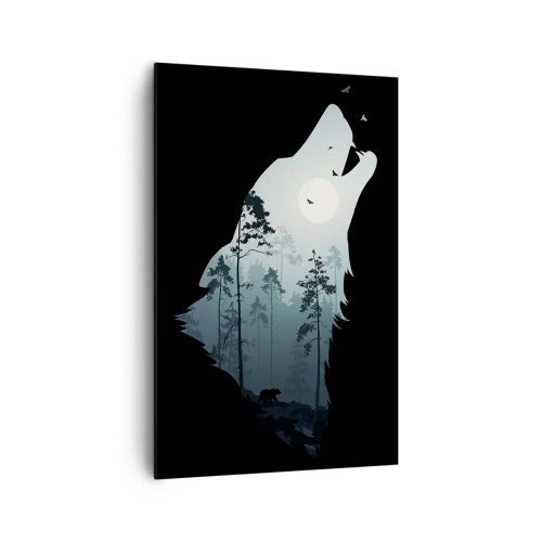 Cuadro sobre lienzo - Impresión de Imagen - Silueta de un lobo con un bosque y la luna al fondo - 80x120cm - Voz de la noche del bosque - Decoración de pared moderna para salón y dormitorio ARTTOR