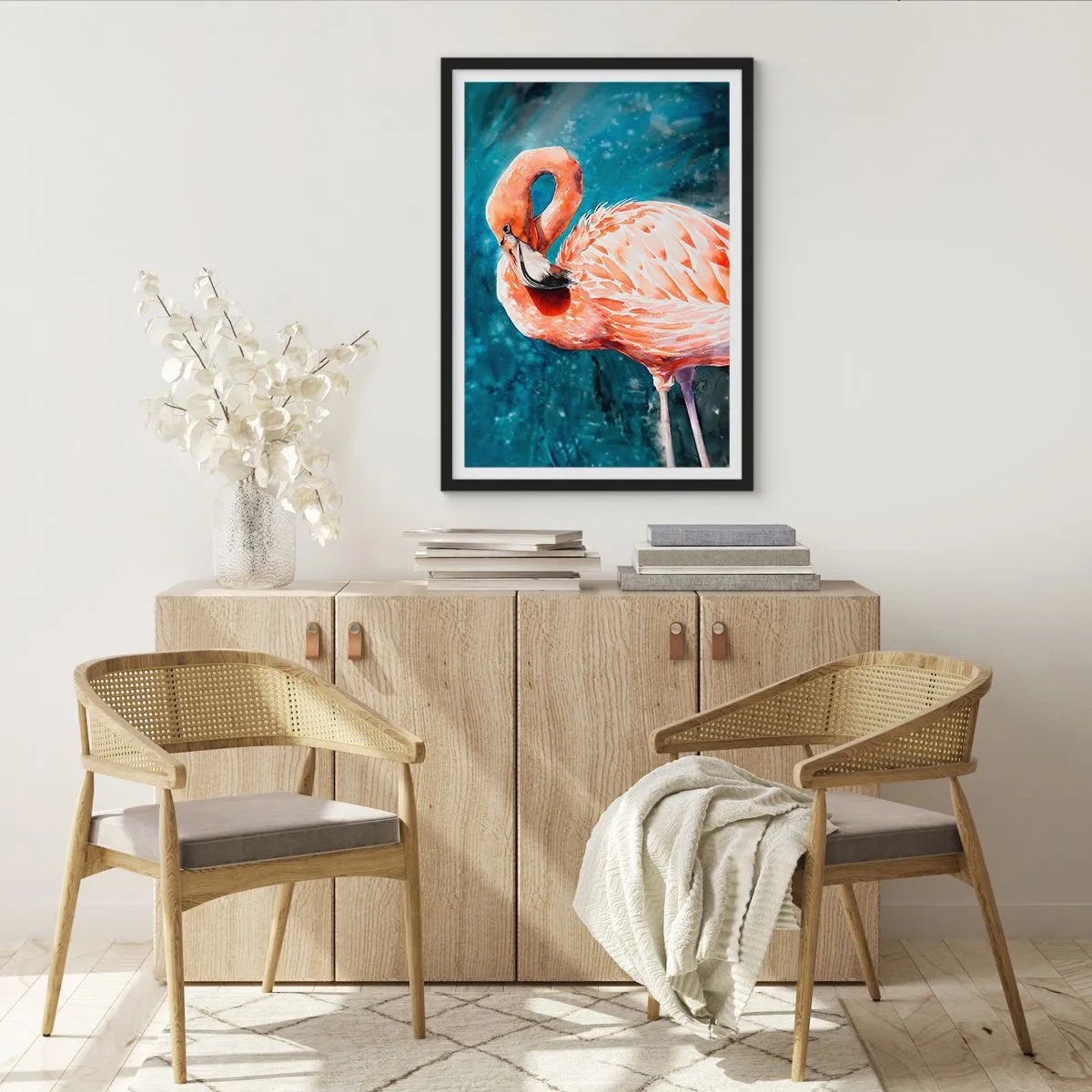 Póster en marco negro - Un flamenco de acuarela sobre un fondo de agua turquesa. - 50x70cm - Decorativo por naturaleza - Decoración de pared moderna para salón y dormitorio ARTTOR