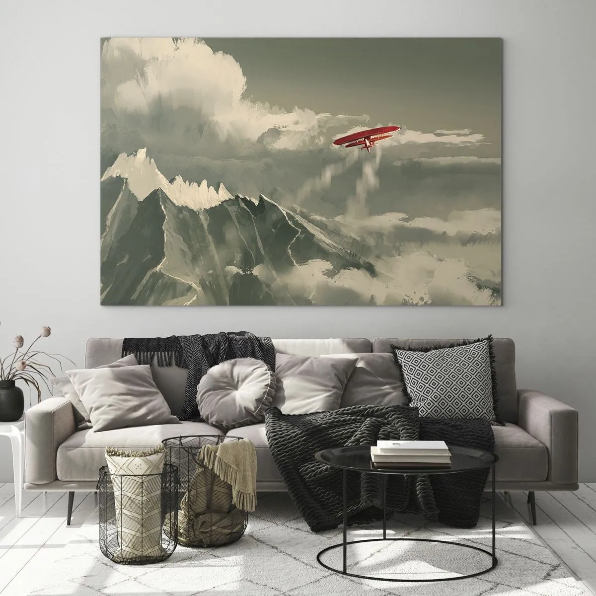 Cuadro sobre vidrio - Impresiones sobre Vidrio - Un avión rojo volando sobre montañas nevadas. - 70x50cm - Pionero sin miedo - Decoración de pared moderna para salón y dormitorio ARTTOR