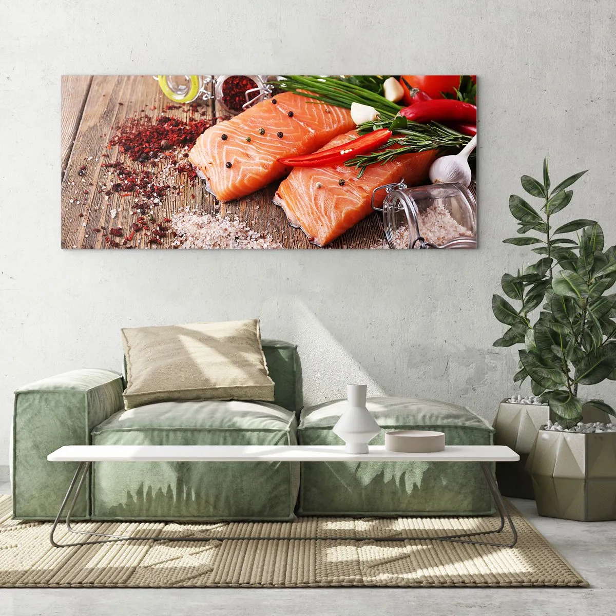 Cuadro sobre vidrio - Impresiones sobre Vidrio - Filetes de salmón con especias sobre fondo de madera. - 160x50cm - Una aventura noruega en la cocina - Decoración de pared moderna para salón y dormitorio ARTTOR