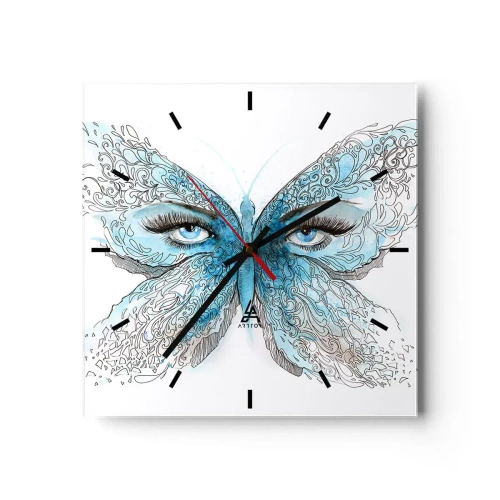 Reloj de pared - Reloj de vidrio - Acuarela artística de una mariposa con ojos azules. - 30x30cm - Mirada de mariposa - Decoración de pared moderna para salón y dormitorio ARTTOR