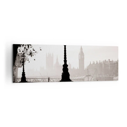 Cuadro sobre lienzo - Impresión de Imagen - Una vista monocromática del Big Ben y el Támesis. - 160x50cm - La mañana de Londres - Decoración de pared moderna para salón y dormitorio ARTTOR